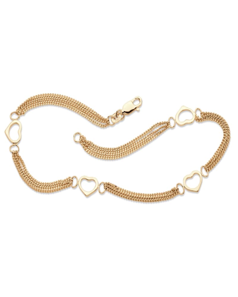 Front of a size 10 in 14k Yellow Gold-plated Sterling Silver Open Heart Station Ankle Bracelet 10" in Yellow by PalmBeach Jewelry. | dia_product_style_image_id:297061
